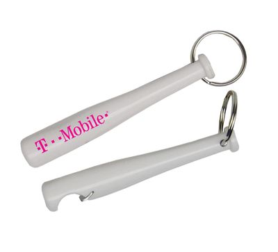 Baseball Bat Bottle Opener keyring. White baseball bat bottle opener for custom logo with keyring