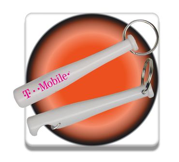 Baseball Bat Bottle Opener. White plastic baseball bat bottle opener with keyring