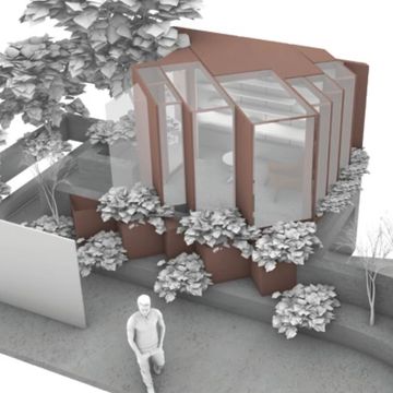 Concept rendering of weathered steel garden studio