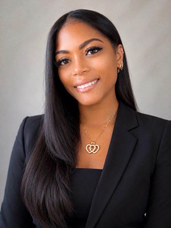 Smiling woman in a black blazer with long hair and gold necklace.