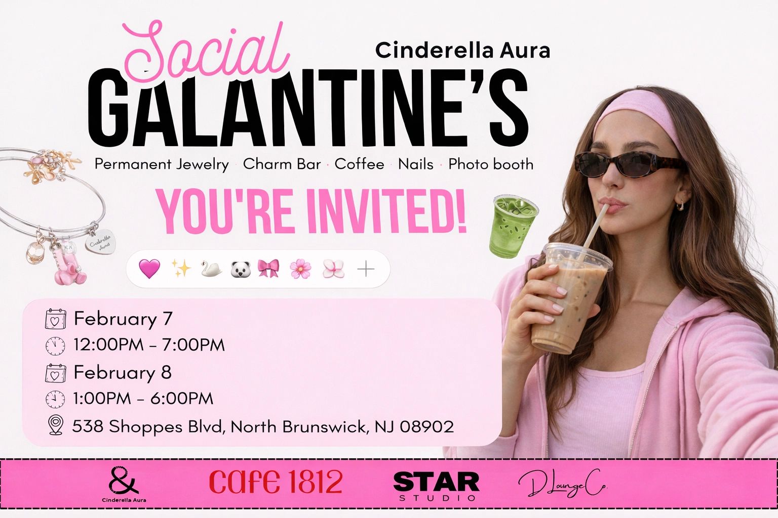 Invitation to Social Galantine's event with jewelry, charm bar, coffee, nails, and photo booth.