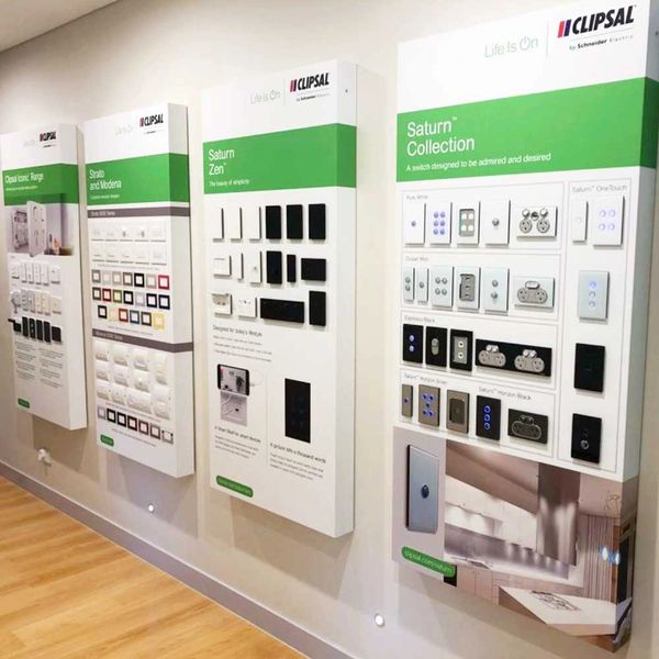 Display boards showing Clipsal light switches and fittings.
