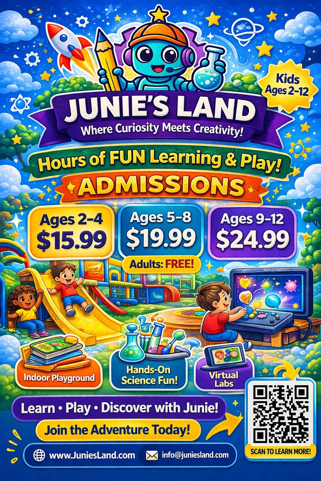 Colorful flyer for Junie's Land, a kids' educational play center with admission prices and activities.