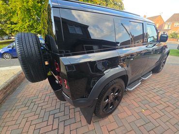 Rear 3/4 of black Range Rover Defender polished and detailed by AM Auto Aesthetics