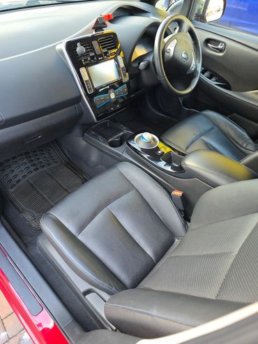 Nissan Leaf interior from passenger side showing interior detailing