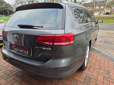Rear view of a gray Volkswagen 2.0 TDI BlueMotion estate car.
