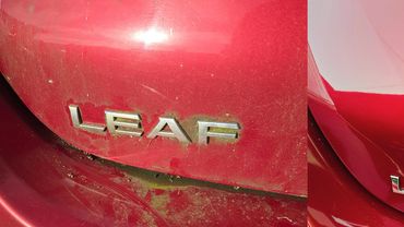 Side by side before and after images rear vehicle badge