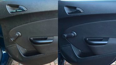 Side by Side before and after image of passenger door interior close up