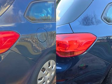 Side by Side before and after image of rear light and panels after polishing
