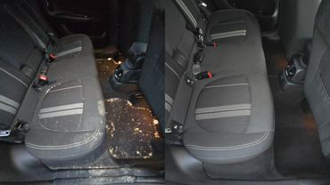 Side by side before and after image rear car seats showing clean transformation