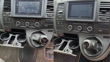 Side by side before and after image of centre console VW Camper Van interior