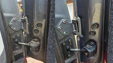 Side by side before and after image of rear door jamb VW Camper Van interior