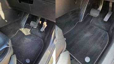 Interior drivers footwell side by side images of before and after detail by AM Auto Aesthetics