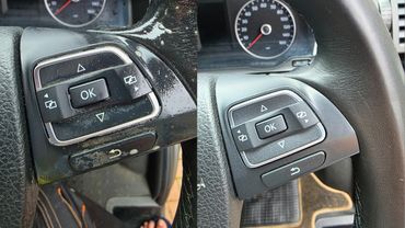 Side by side before and after image of steering wheel buttons interior VW Camper Van interior