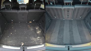 Side by side before and after image of detailed Mini Cooper boot interior