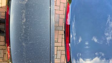 Top view of shiny BMW 440i boot lid showing side by side image of before and after machine polishing