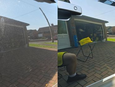 Side by side before and after images of close up of drivers side door polished to shine