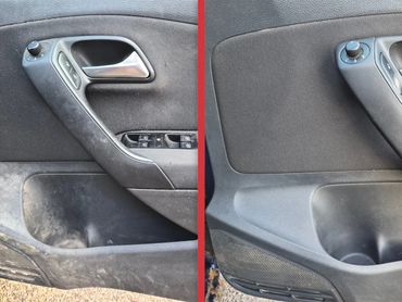Comparison of a car door panel before and after cleaning.