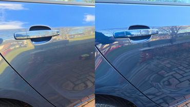 Side by Side before and after image of drivers side rear door showing polishing effect