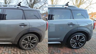 Side by side before and after image ride passenger side rear quarter