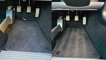 Close up before and after of drivers side foot-well after interior detailing