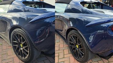Close up before and after of shiny Lotus rear quarter after machine polishing