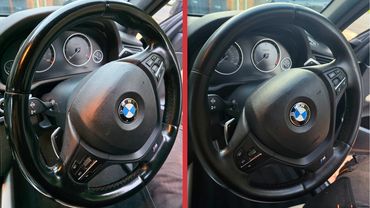 Side by side before and after steering wheel after Revive treatment by AM Auto Aesthetics