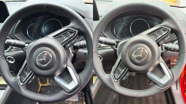 Side by side before and after image of the steering wheel close up