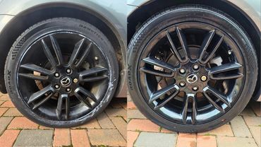 Side by side images of before and after wheels, calipers and arches