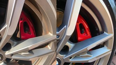 Side by side images of wheel caliper before and after detailing by AM Auto Aesthetics in Salisbury,