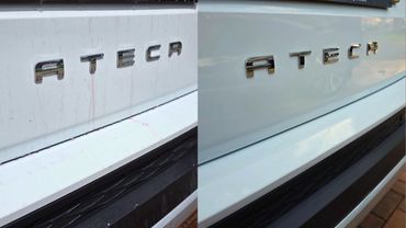 Side by Side image of rear of Seat Ateca badge before and after AM Auto Aestheics detail