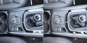 Side by side before and after image gear stick and buttons interior