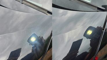 Before and after bonnet closeup showing swirl removal under an inspection light