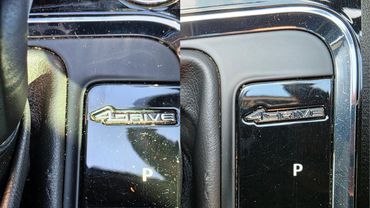 Interior gear stick buttons side by side before and after image after interior detail
