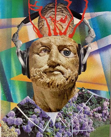 Surreal statue head collage with headphones, flowers,an exposed brain,