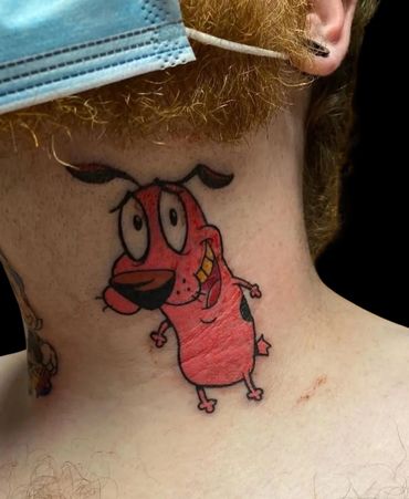 Colorful Courage the Cowardly Dog neck tattoo done at Stoic Body Art in Columbus, Ohio.