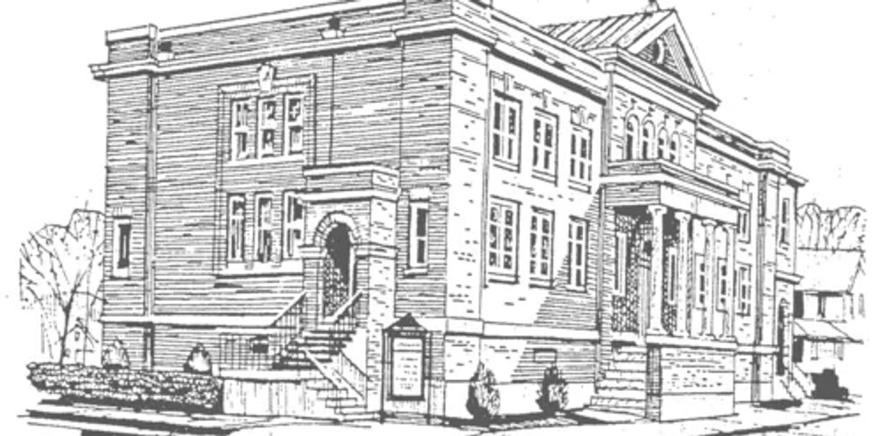 Sketch of a large, classical-style building with columns and steps.
