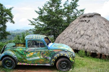 Painted VW beetle next to a straw hut 