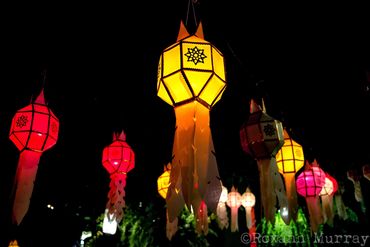 Colorful lanterns hang outside hotels in Chiang Mai.