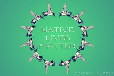 Native lives matter mandala surrounded by hummingbird illustration.