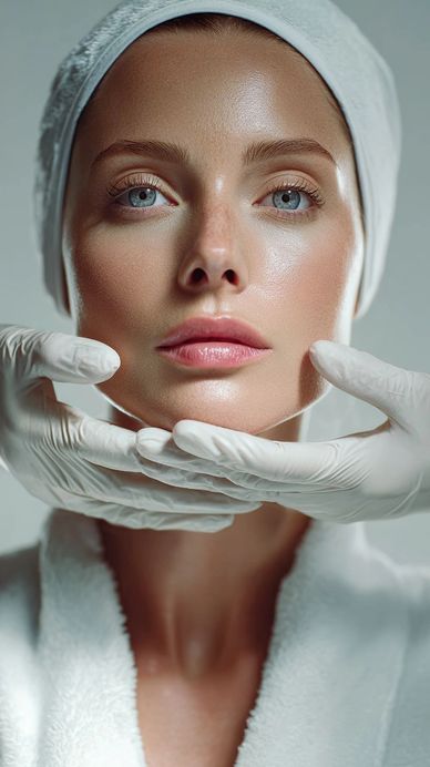 Close-up of a woman with glowing skin and gloved hands gently touching her face.