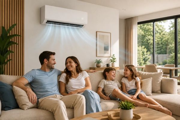 Family enjoying air-conditioned living room.