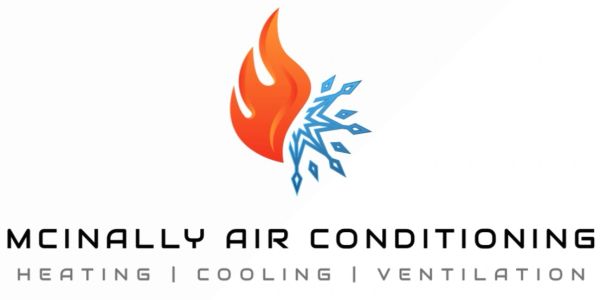 Logo for McInally Air Conditioning with fire and ice symbols.
