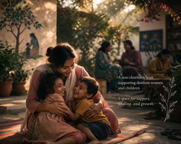 A woman embraces two children warmly in a supportive outdoor setting.