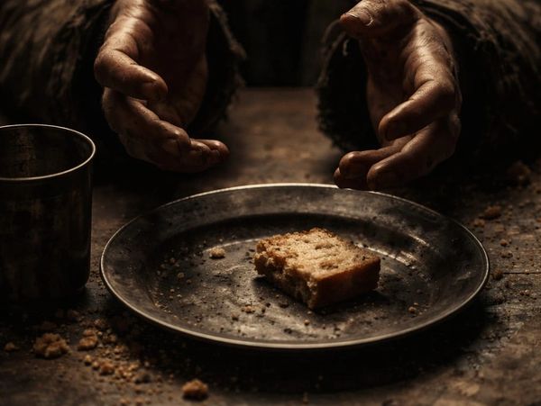 Hands reaching for a small piece of bread on a dark plate.