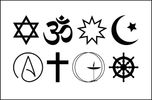 A group of eight symbols representing various religions and atheism.