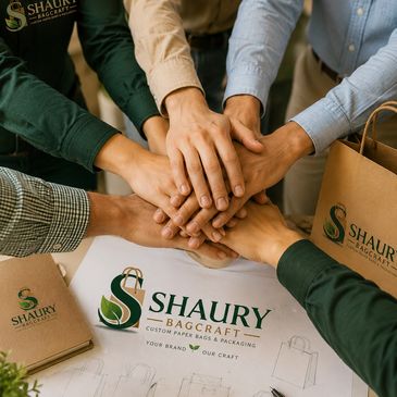Team collaboration with hands stacked together over Shaury Bagcraft branding.