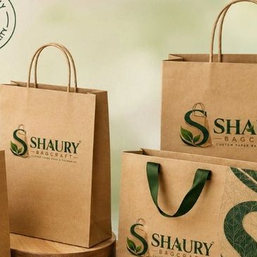 Eco-friendly paper bags with Shaury Bagcraft branding.