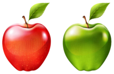A red apple and a green apple side by side with leaves.