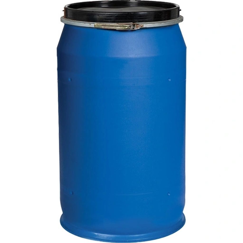 55 Gallon Atlanta Plastic Barrel Open Top + Locking Lid, Used Previous Non-Food Grade